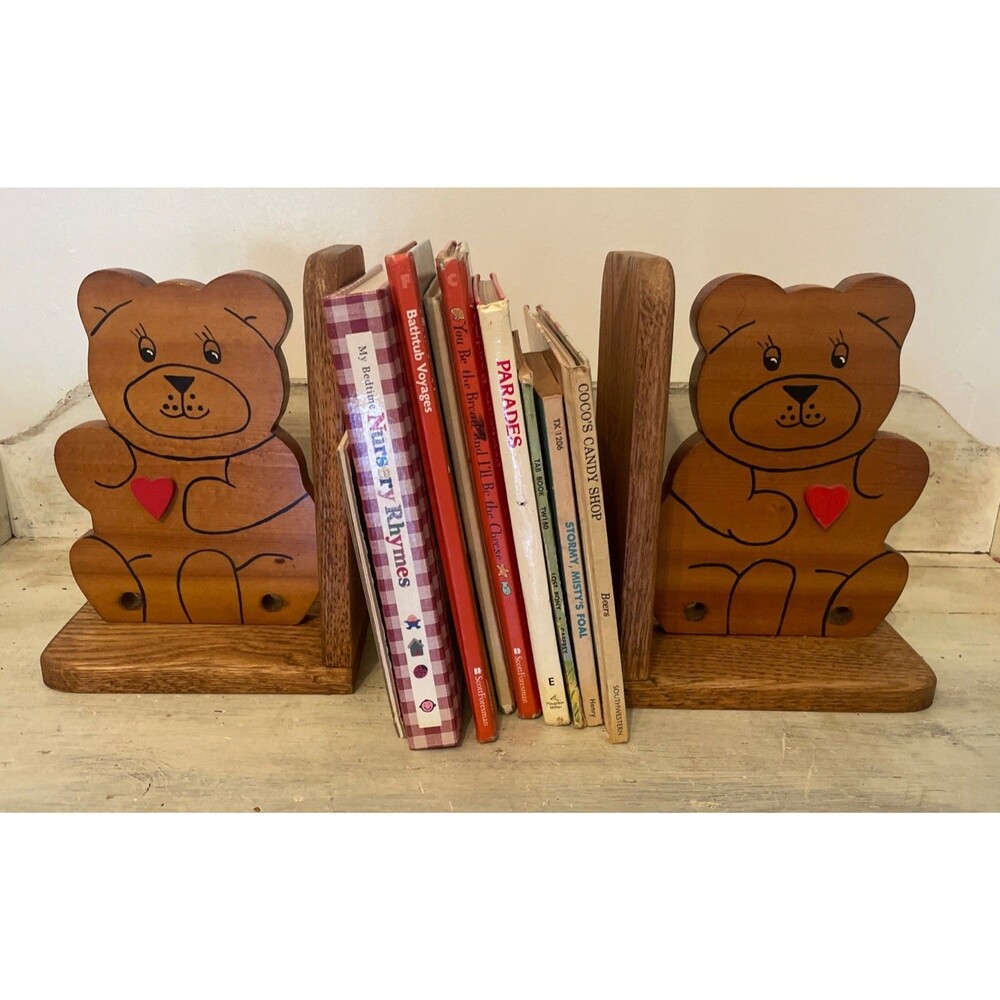 Upcycled MCM/ Refurbished Brown Wooden Teddy Bear Bookend Holders w/Red Hearts